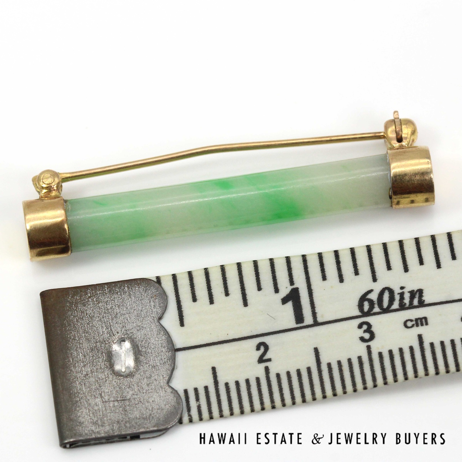 Mottled Green Jade Cylinder Bar Brooch with 14K Yellow Gold End Caps - Image 6