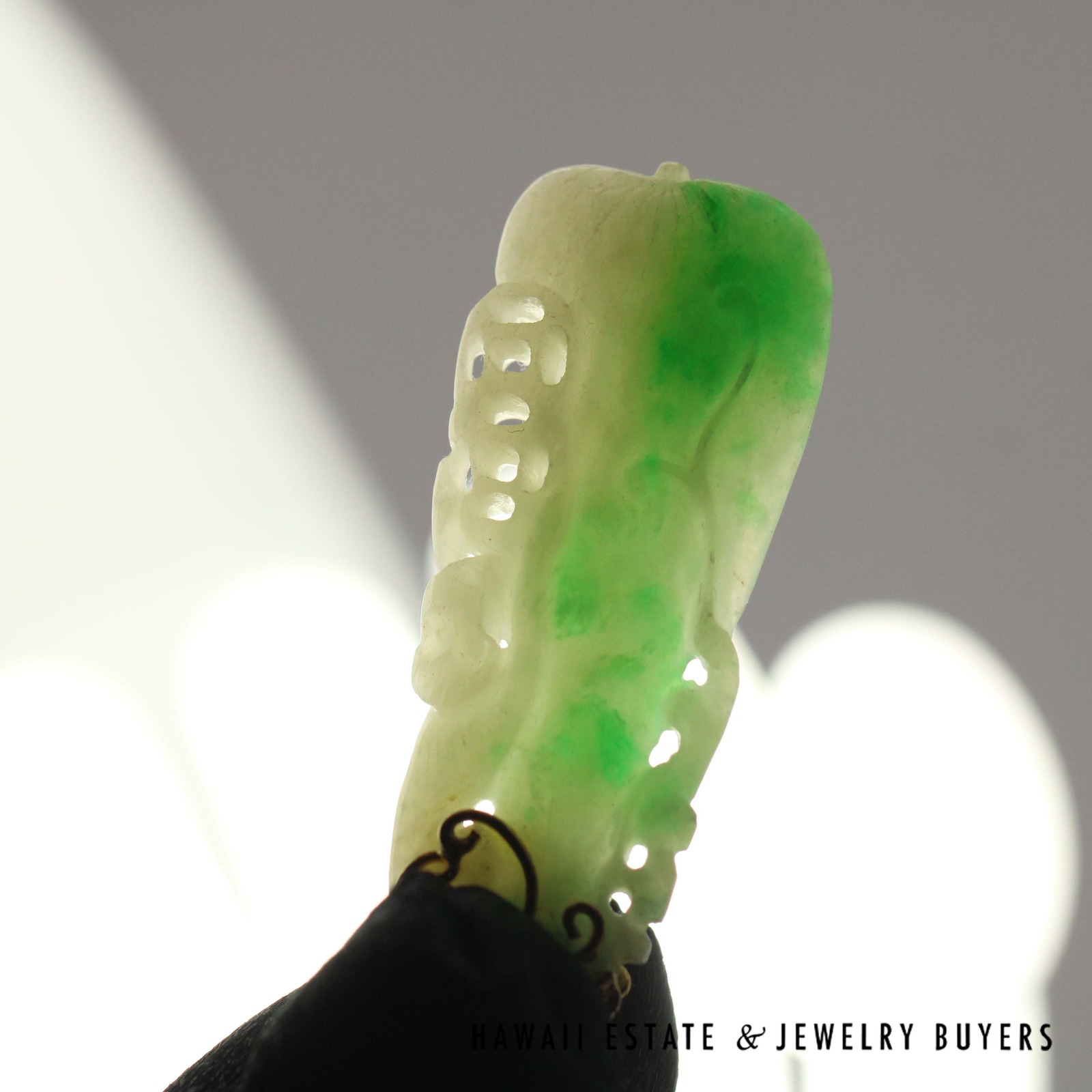 GIA Type A Moss in Snow Jade Carved & Pierced 14k Yellow Gold Pendant - Image 5