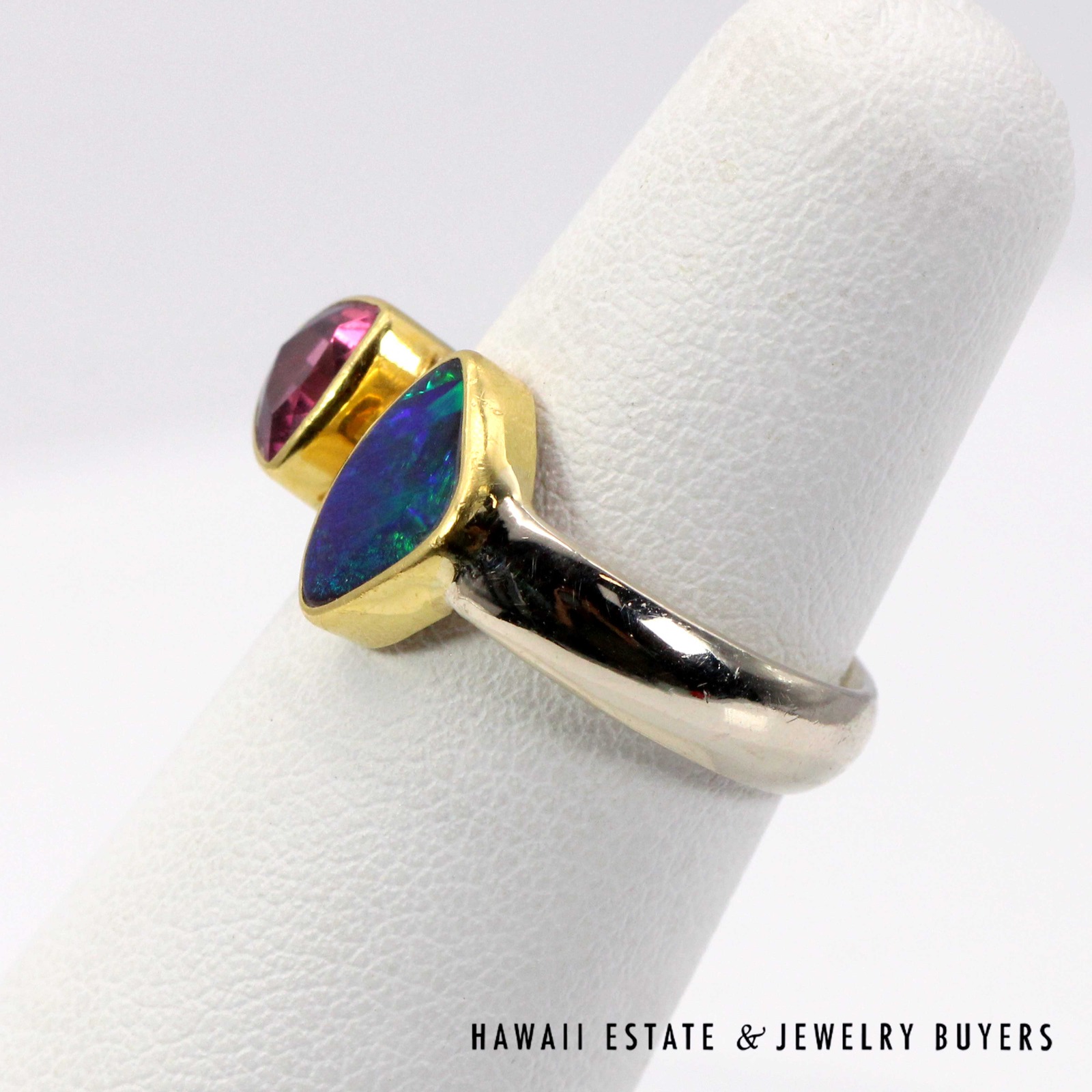 Pink Tourmaline Trillion & Boulder Opal Doublet 14K Two-Tone Gold Ring Size 6 - Image 6