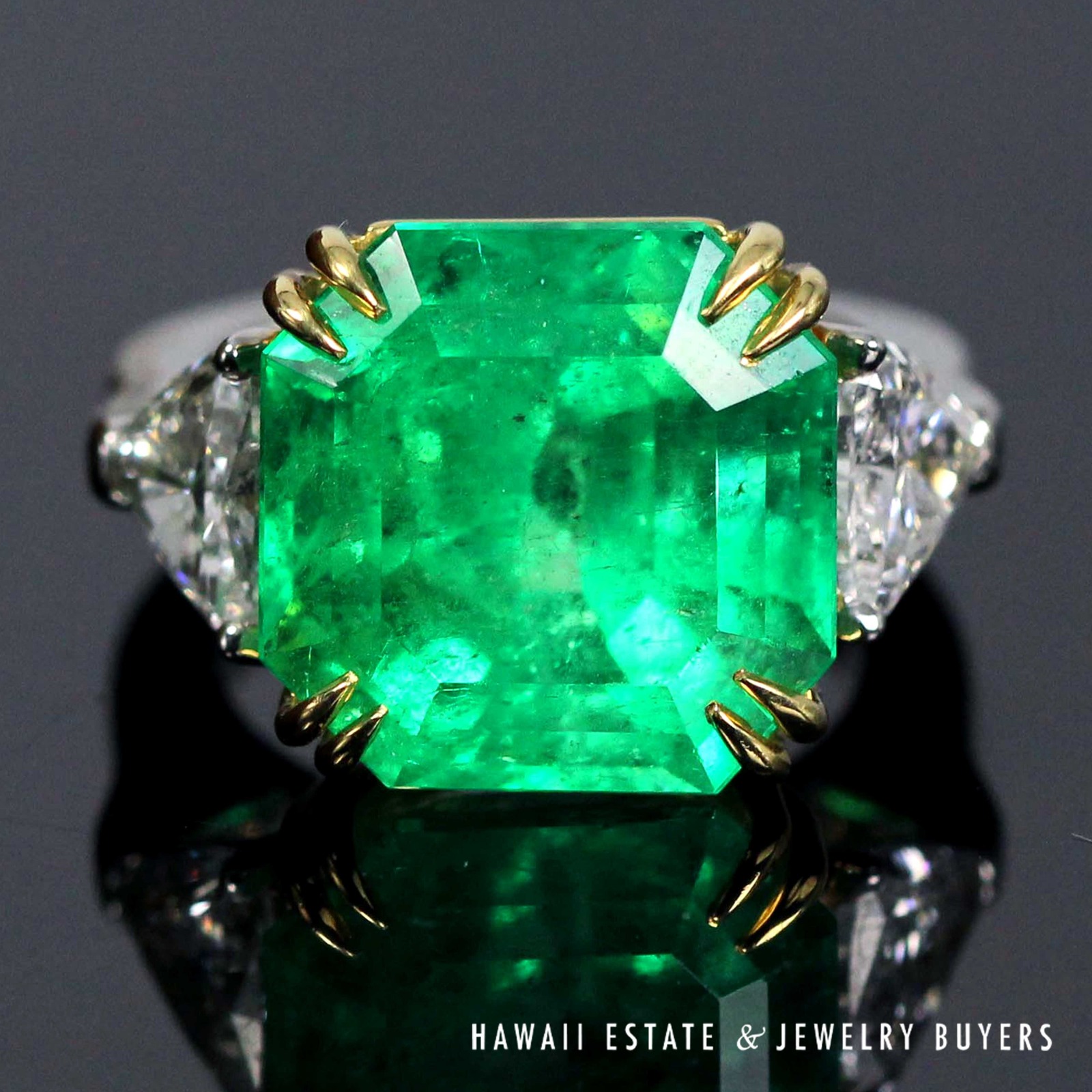AGL 12.80ctw Natural Columbian Emerald Step Cut w/ Trillion Side Diamonds Plat/18K Ring Size 5.5