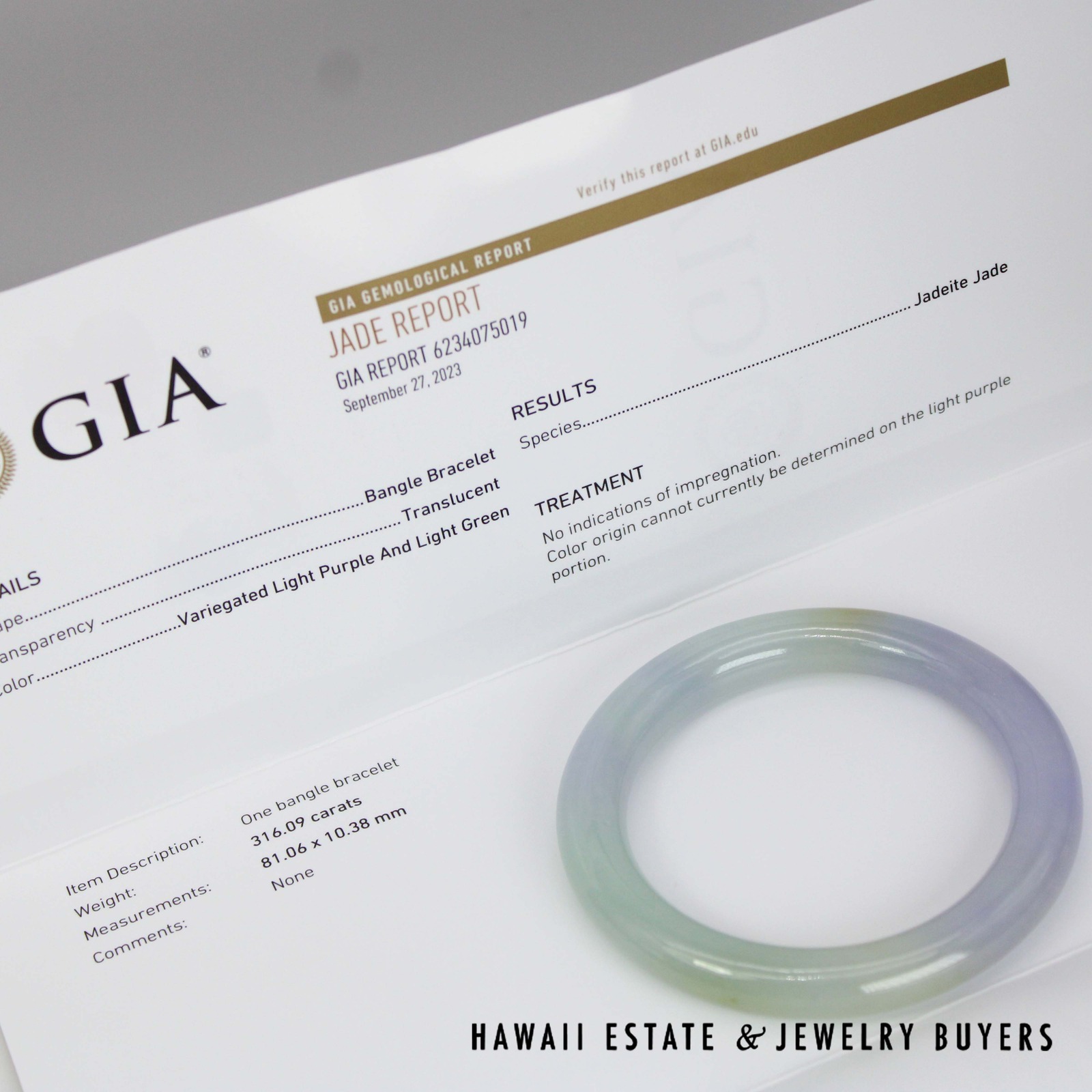 GIA Estate 63.2g Natural Green & Lavender Jade Bangle Size 7.25 - Image 2