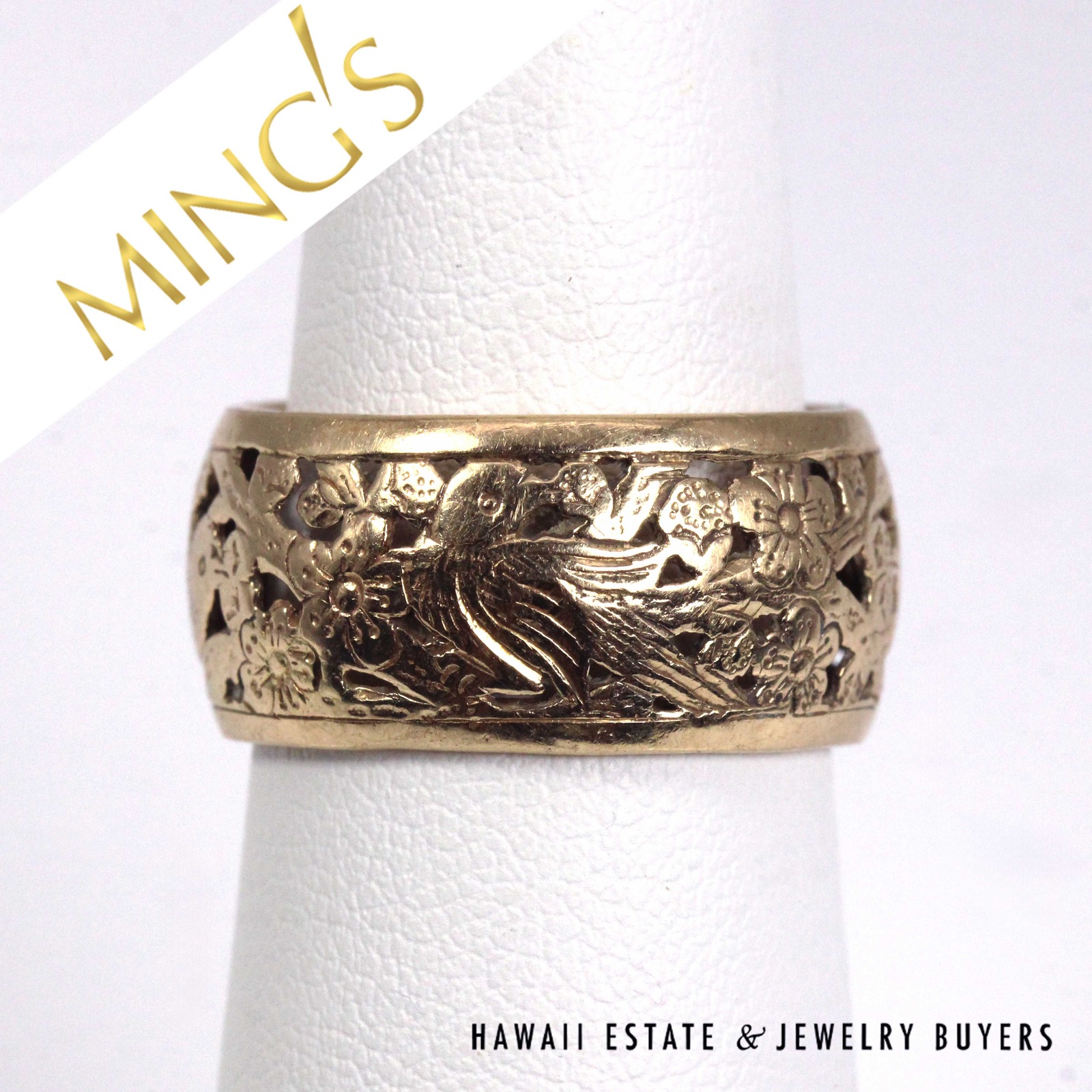 Ming's Hawaii Bird in Plum 14K Yellow Gold 10mm Band Size 6.75