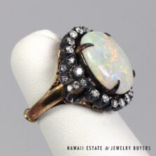 Vintage Oval Opal Diamond Filigree Halo 12K Gold Sterling Silver Ring Size 4