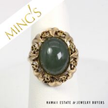 Ming's Hawaii Green Jade Cabochon 14K Yellow Gold Ring Size 5.75