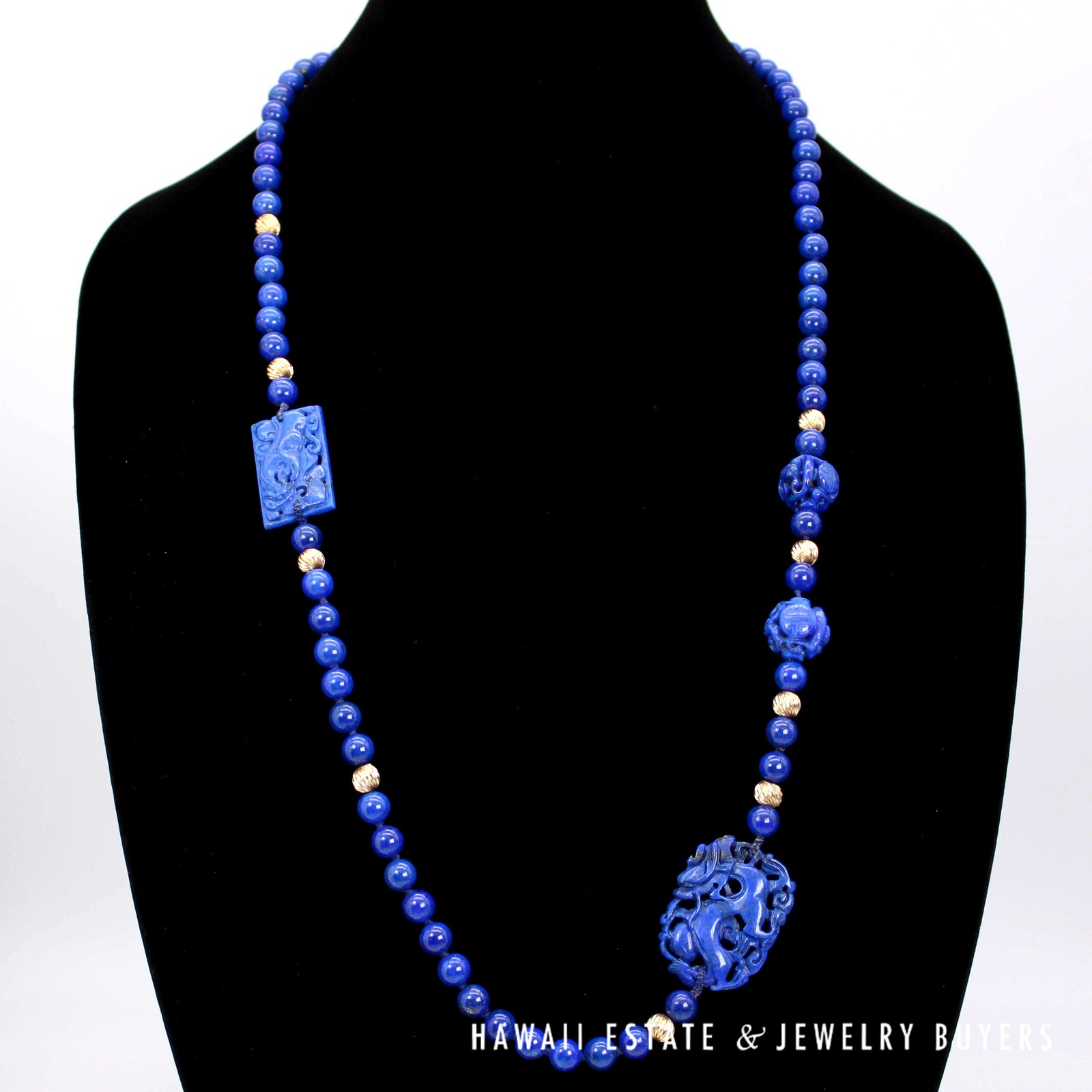 Lapis Lazuli Bead 14k Yellow Gold Necklace with Engraved Tablets 32", 80.7g