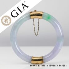 GIA Lavender & Green Jade 63.7g 14KYG Hinged Bangle Bracelet Size 7.25