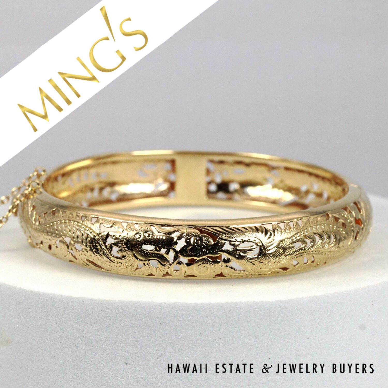 Ming's Hawaii 14K Yellow Gold Dragon and Phoenix Hinged Bangle
