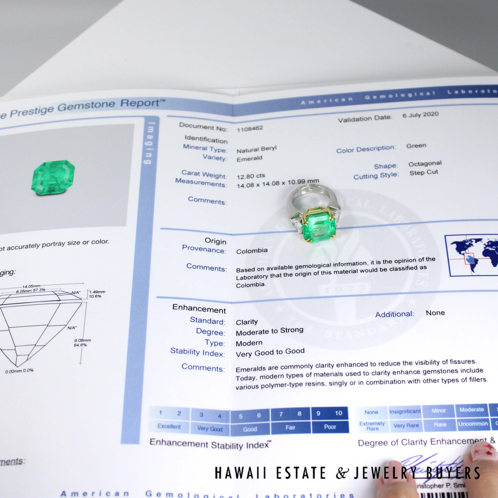 AGL 12.80ctw Natural Columbian Emerald Step Cut w/ Trillion Side Diamonds Plat/18K Ring Size 5.5 - Image 3