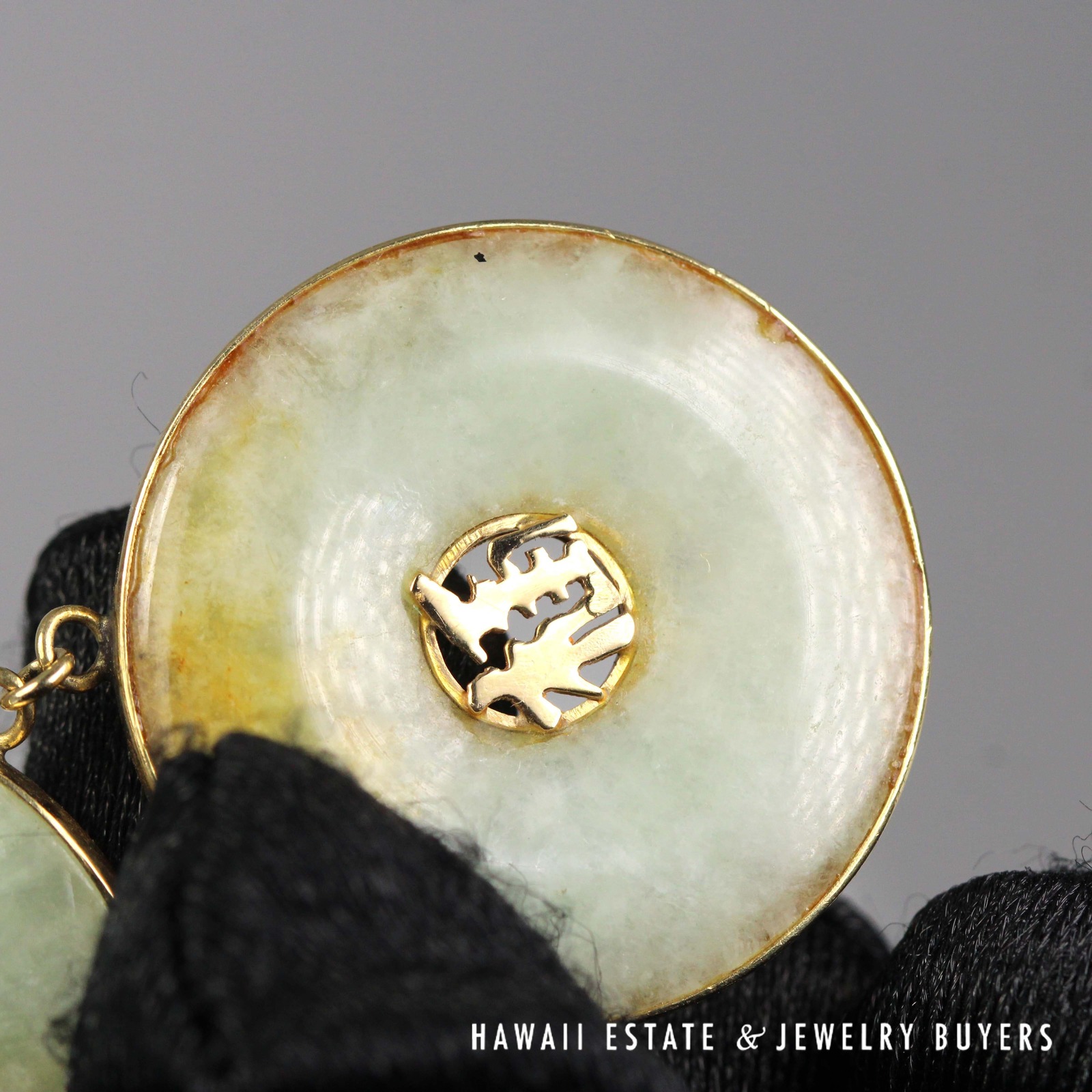 Green Jade Double Donut Pendant in 14K Yellow Gold with Character Details - Image 4