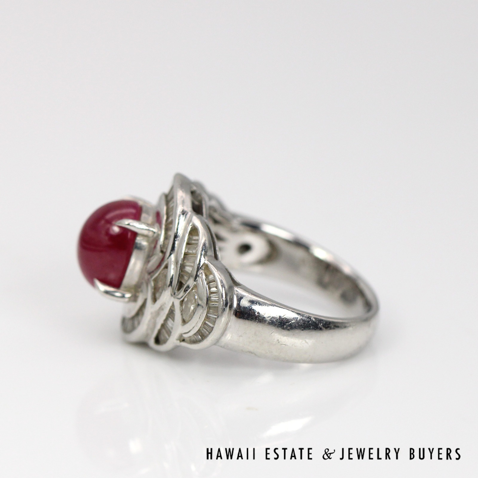 GIA Natural 3.74ct Ruby Cabochon 0.90ctw Baguette Diamond Ring Platinum Size 6.5 - Image 4