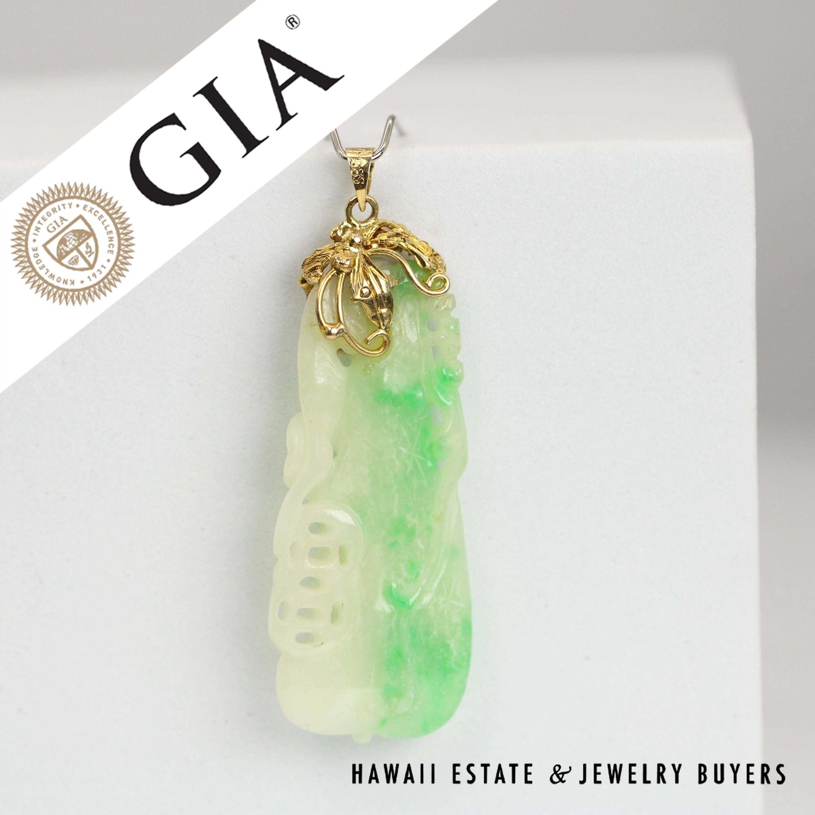 GIA Type A Moss in Snow Jade Carved & Pierced 14k Yellow Gold Pendant