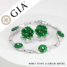 GIA 20.4g 18KWG Set Green Jade 0.75ctw Diamond Bracelet & Earrings