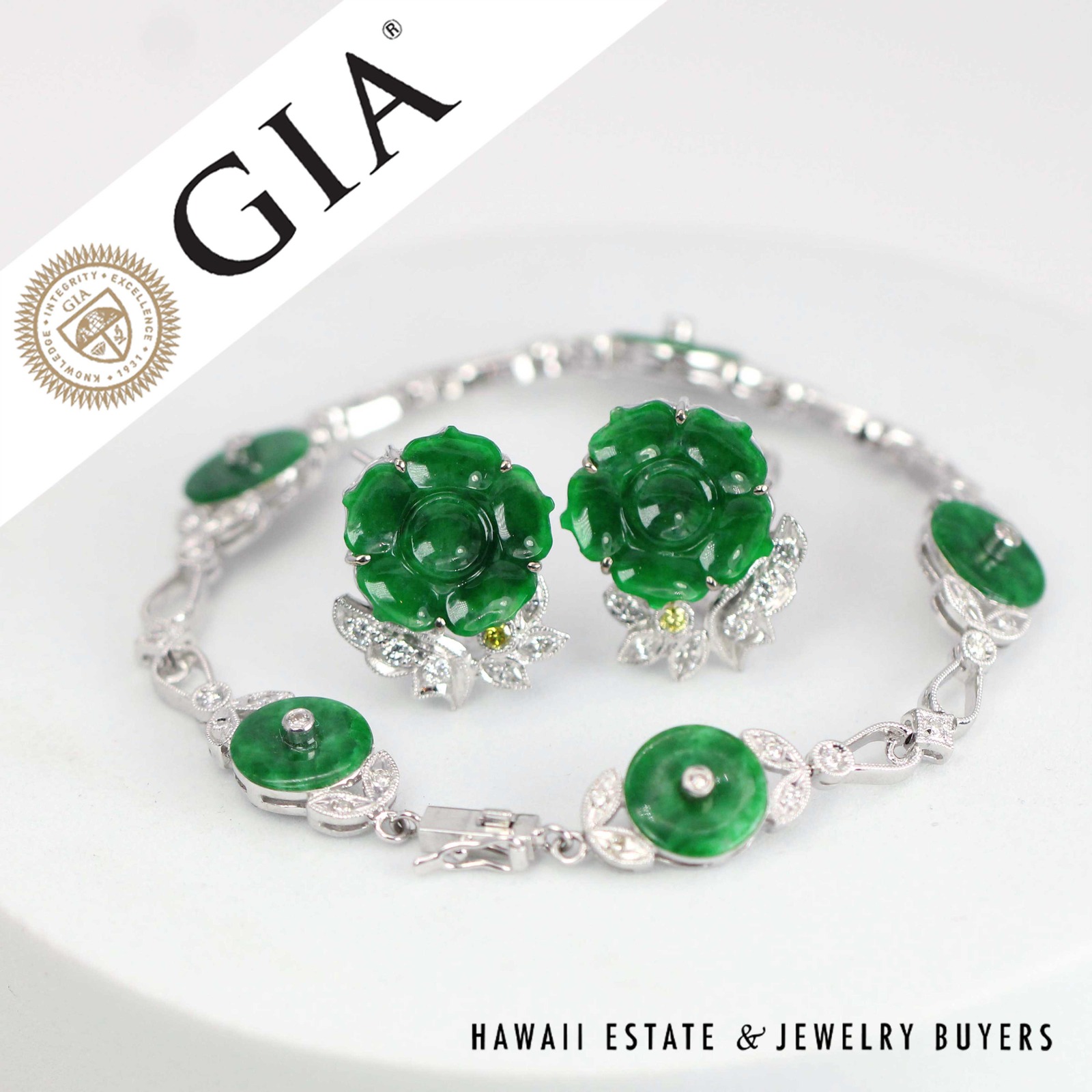 GIA 20.4g 18KWG Set Green Jade 0.75ctw Diamond Bracelet & Earrings