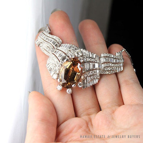 Antique Fancy Orange Topaz & 24.45ctw Diamond Estate Platinum Necklace - Image 9