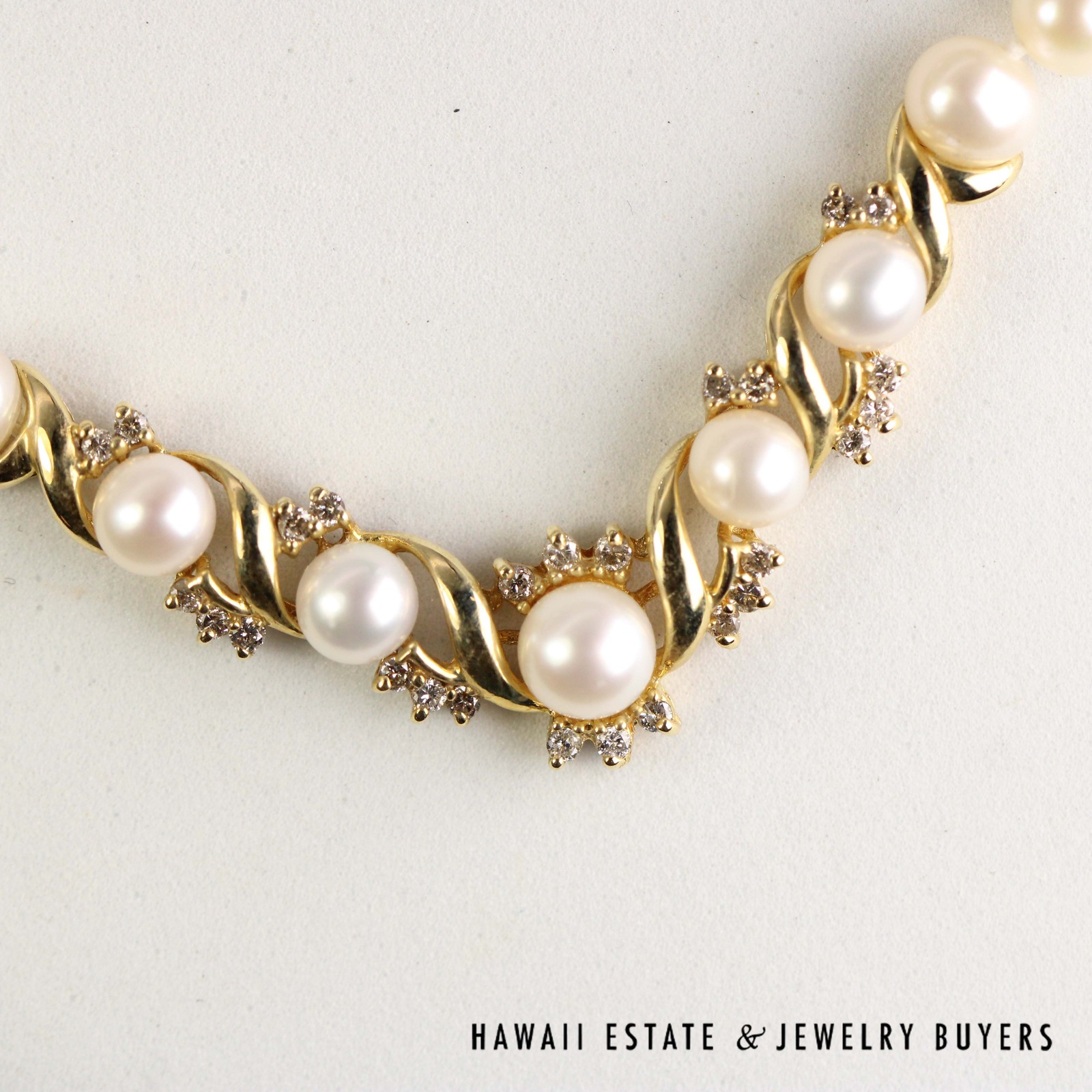 Round Pearl & Diamond Cluster Necklace 18 Inch with 14K Yellow Gold Clasp - Image 9