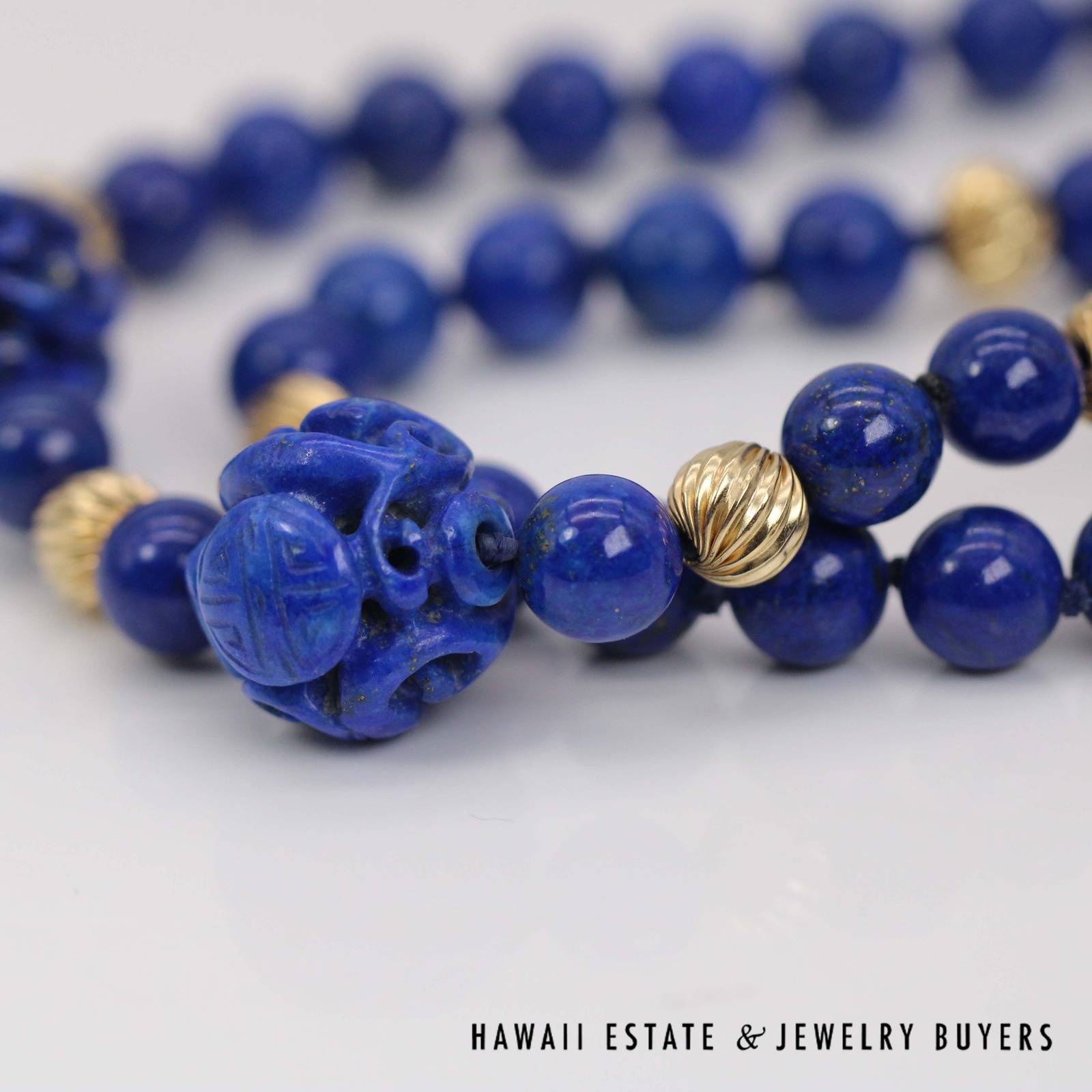 Lapis Lazuli Bead 14k Yellow Gold Necklace with Engraved Tablets 32", 80.7g - Image 8