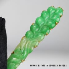 Carved Mottled Green Jade Bar Brooch in 14K Yellow Gold