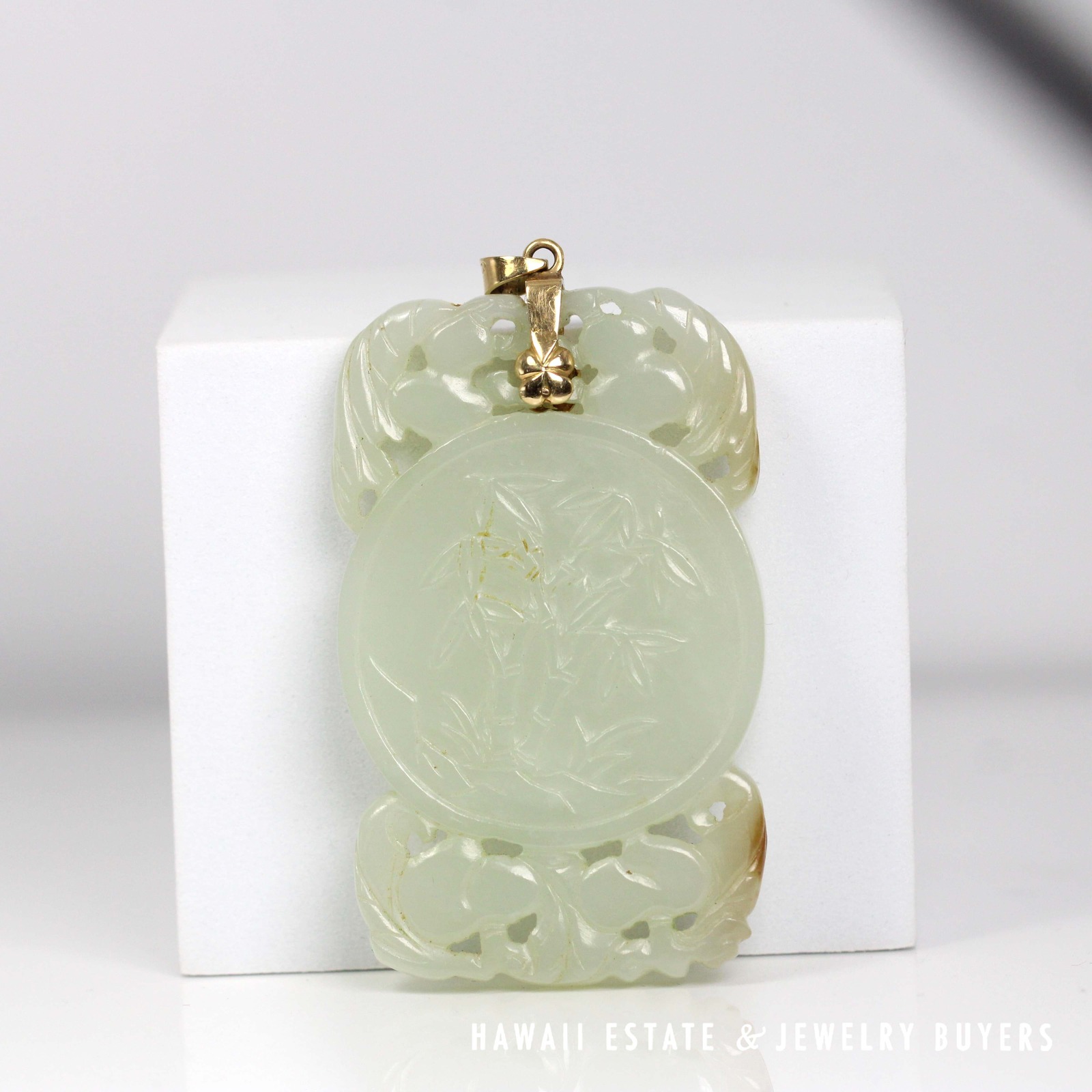 Large Carved Pale Green Jade Bamboo Openwork Pendant with 14K Yellow Gold Bail - Image 2