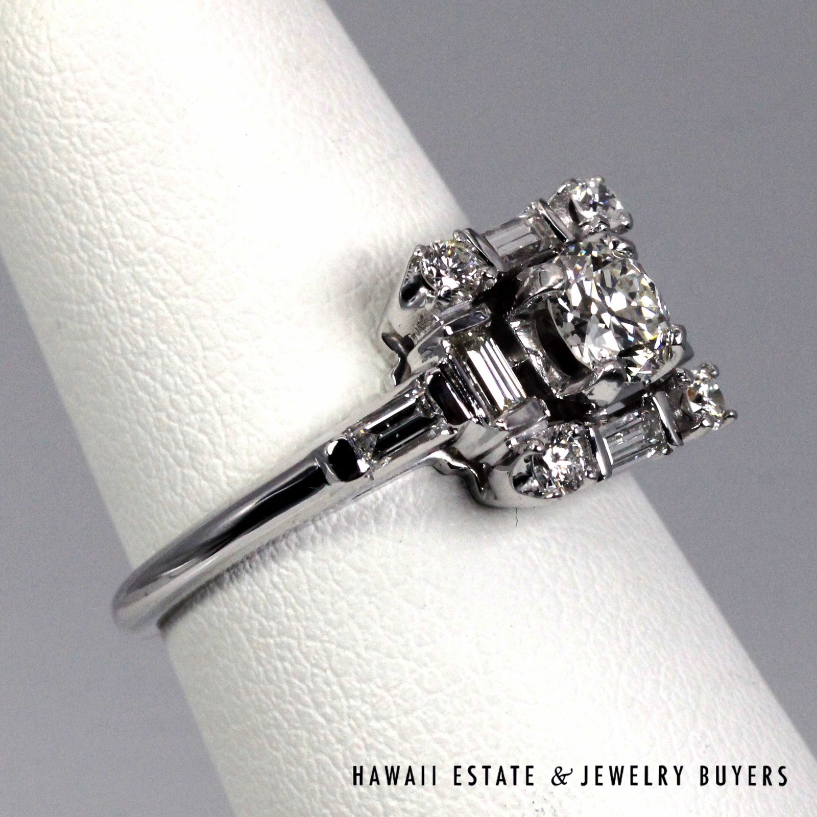 Vintage Baguette & Round Diamond 14K White Gold Cocktail Ring Size 5.5 - Image 2