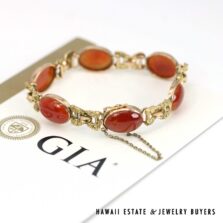GIA Orange Jade 15x12mm Oval Cab 24.7g 14KYG Link Bracelet Size 6.5