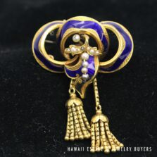 Antique 1800s 14K Yellow Gold Blue Enamel & Seed Pearl Tassel Brooch