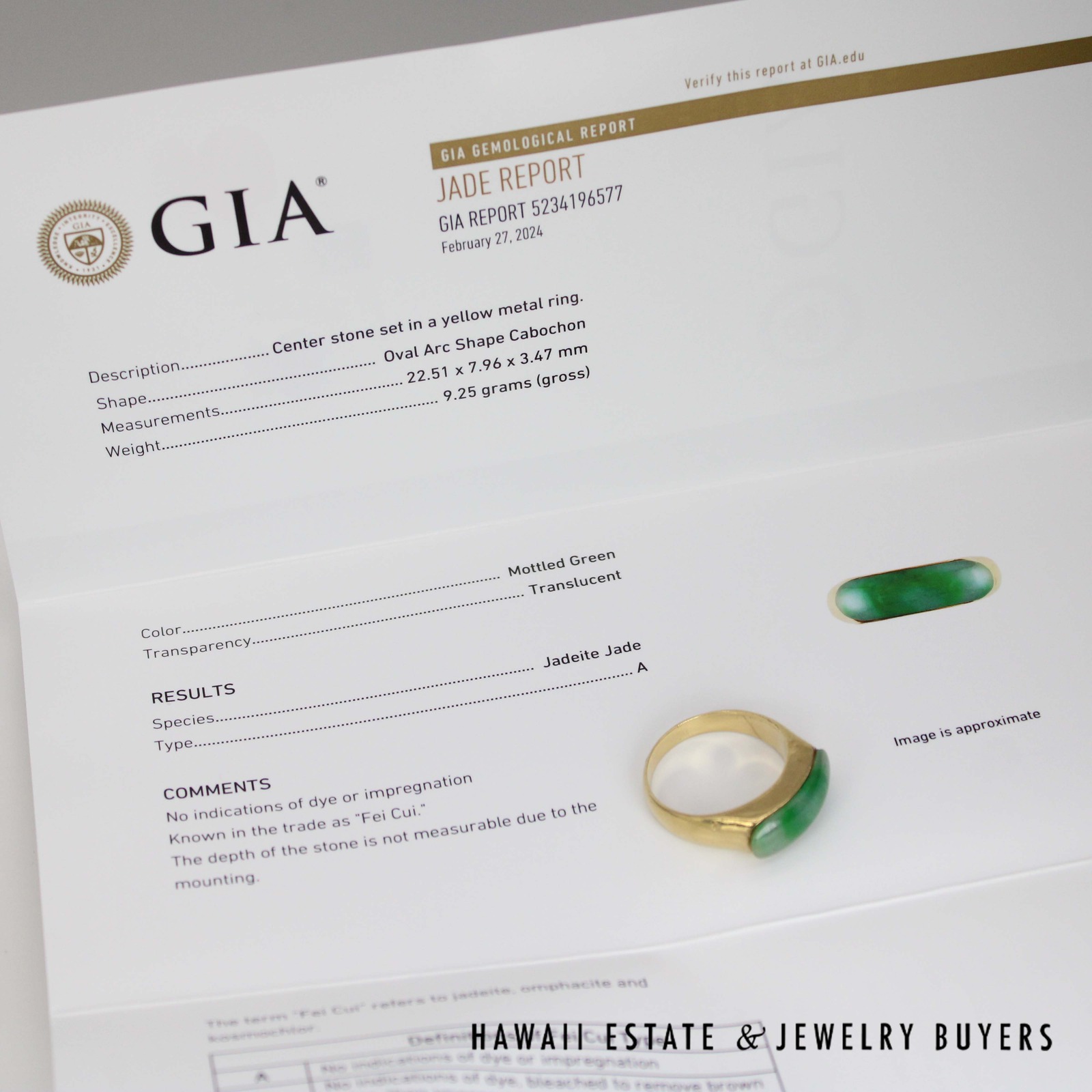 GIA Type A Mottled Green Jade Saddle Ring 14k Yellow Gold 22x8mm Size 13 - Image 10