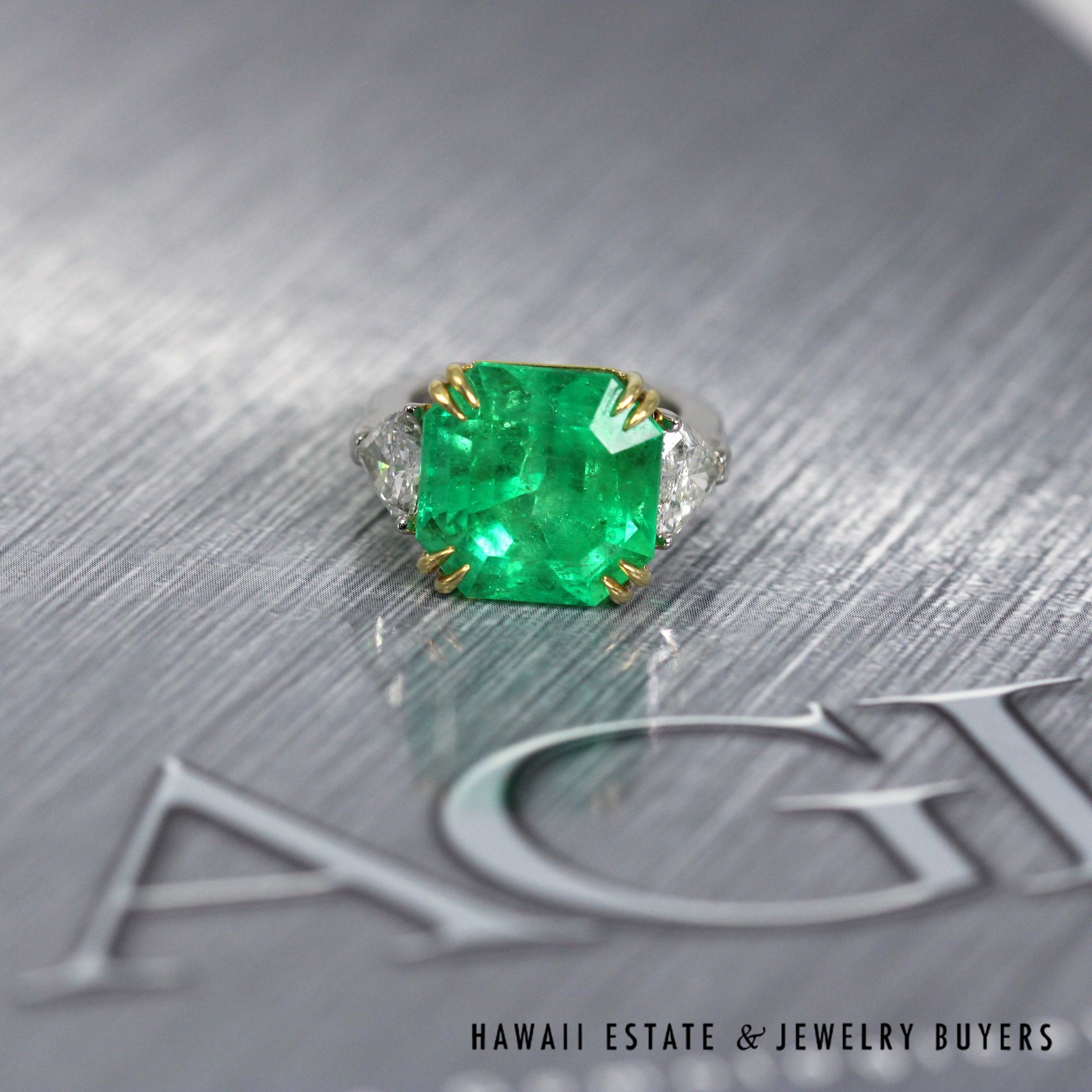AGL 12.80ctw Natural Columbian Emerald Step Cut w/ Trillion Side Diamonds Plat/18K Ring Size 5.5 - Image 2