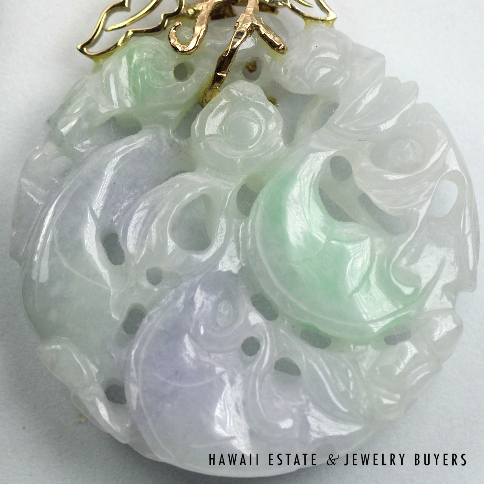 Carved Lavender & Green Jade Openwork Pendant with 14K Yellow Gold Bail - Image 2