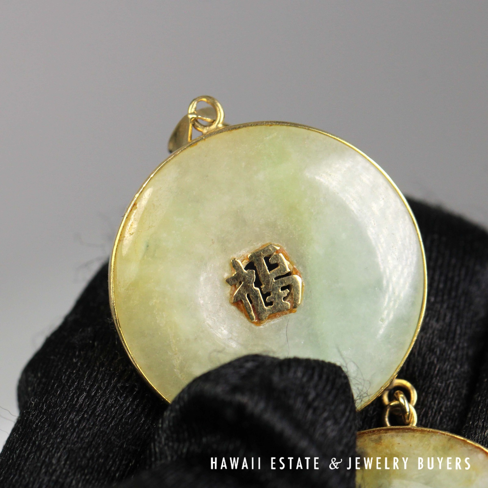 Green Jade Double Donut Pendant in 14K Yellow Gold with Character Details - Image 3