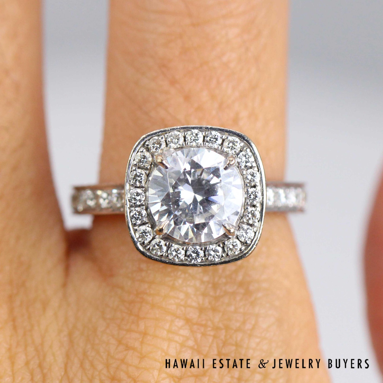 Henri Daussi Diamond Halo Ring with Cubic Zirconia in 14K White Gold Size 6.5