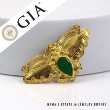 GIA Type A Green Jadeite Jade Cabochon Moth 24K Yellow Gold Brooch Pin