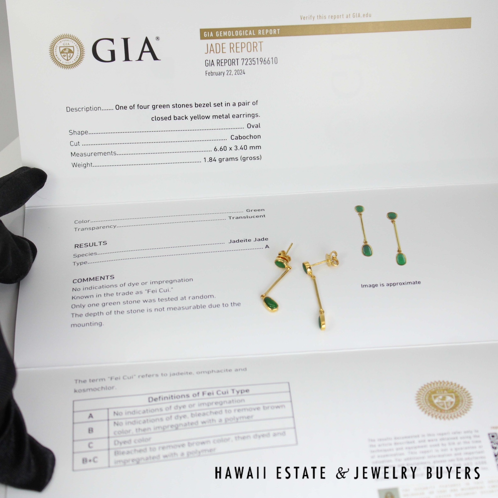 GIA Type A Green Jade Dangle Earrings 22k Yellow Gold 1.25" Length - Image 5