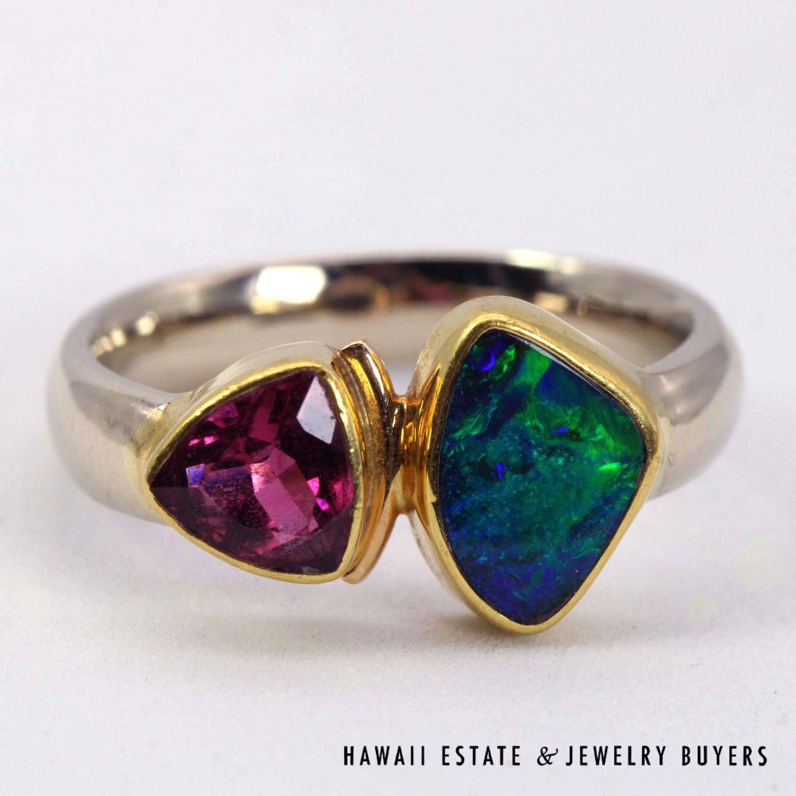 Pink Tourmaline Trillion & Boulder Opal Doublet 14K Two-Tone Gold Ring Size 6 - Image 2