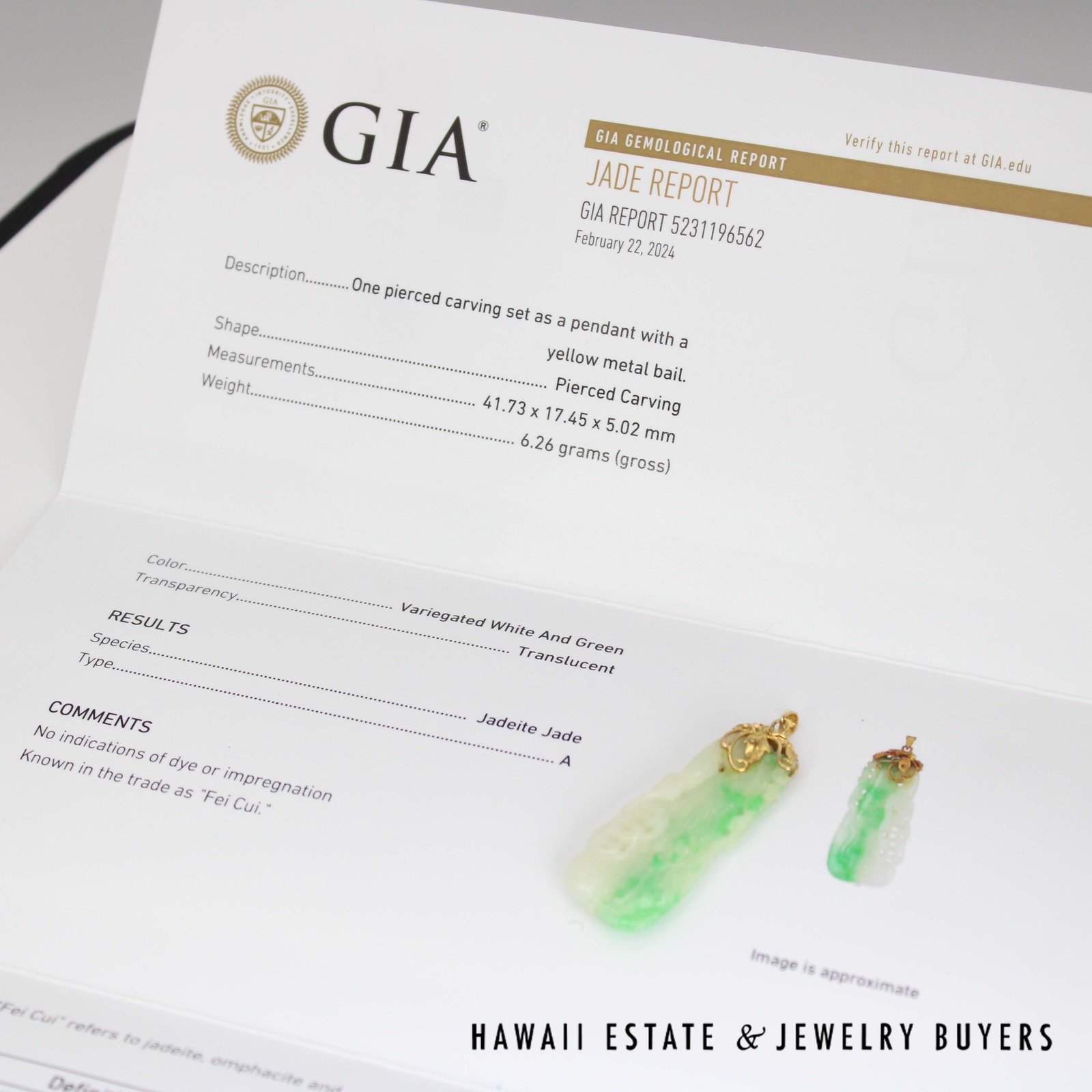 GIA Type A Moss in Snow Jade Carved & Pierced 14k Yellow Gold Pendant - Image 8