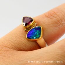 Pink Tourmaline Trillion & Boulder Opal Doublet 14K Two-Tone Gold Ring Size 6