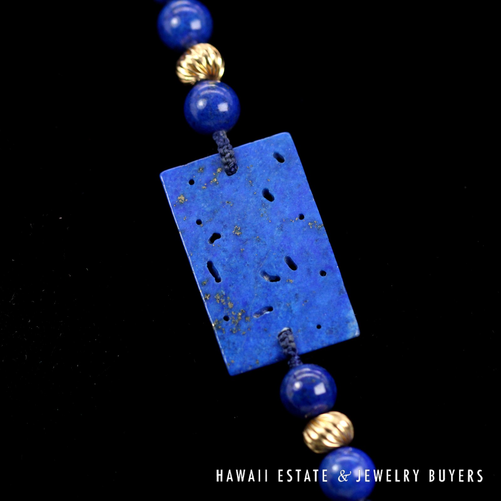 Lapis Lazuli Bead 14k Yellow Gold Necklace with Engraved Tablets 32", 80.7g - Image 5