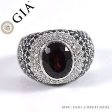 GIA Certified Dark Red Garnet and Black Diamond 18K White Gold Dome Ring (Sz 9)