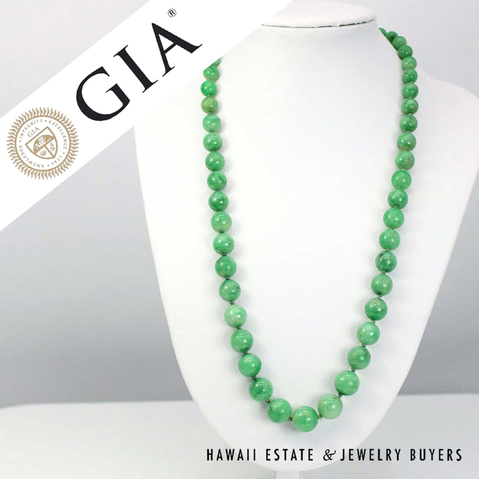 GIA Green Jade Type A Bead 14K Yellow Gold Necklace w/ Carved Pearl Clasp - Image 2