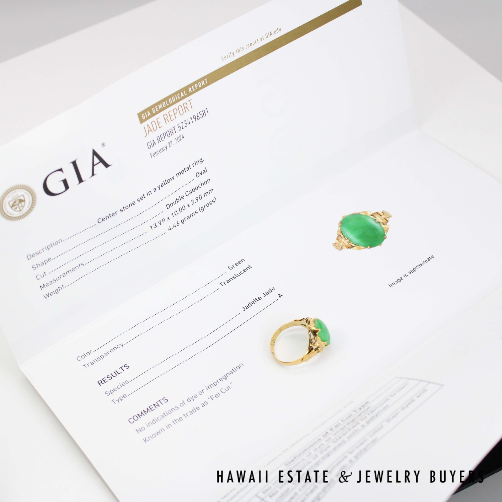 GIA Type A Green Jade Oval Ring 20k Yellow Gold 10x14mm Size 7 - Image 7