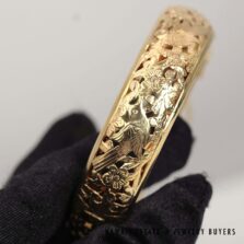 MING'S BIRD IN PLUM 15.5mm HINGED 27.4g 14K YELLOW GOLD BANGLE BRACELET SIZE 7