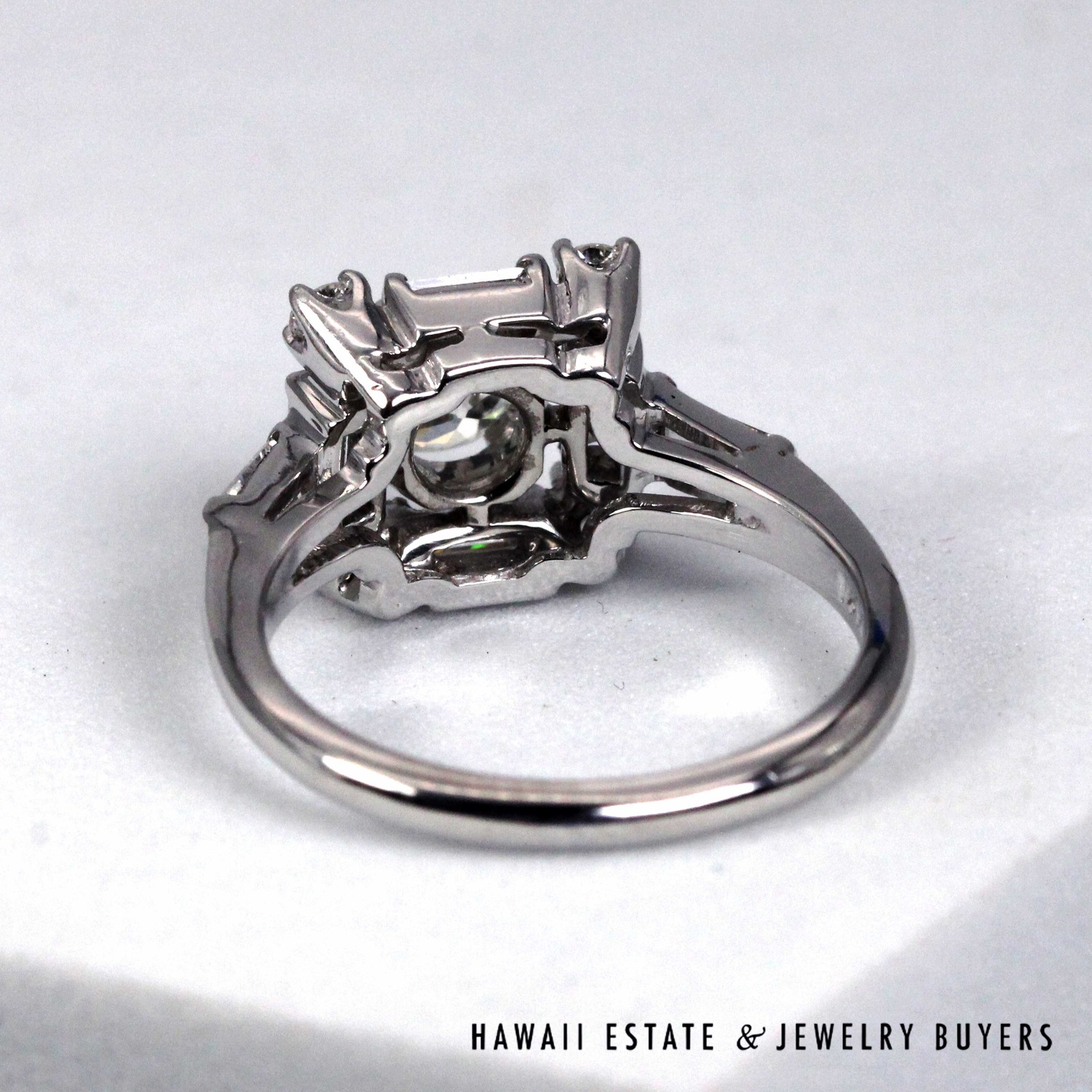 Vintage Baguette & Round Diamond 14K White Gold Cocktail Ring Size 5.5 - Image 7