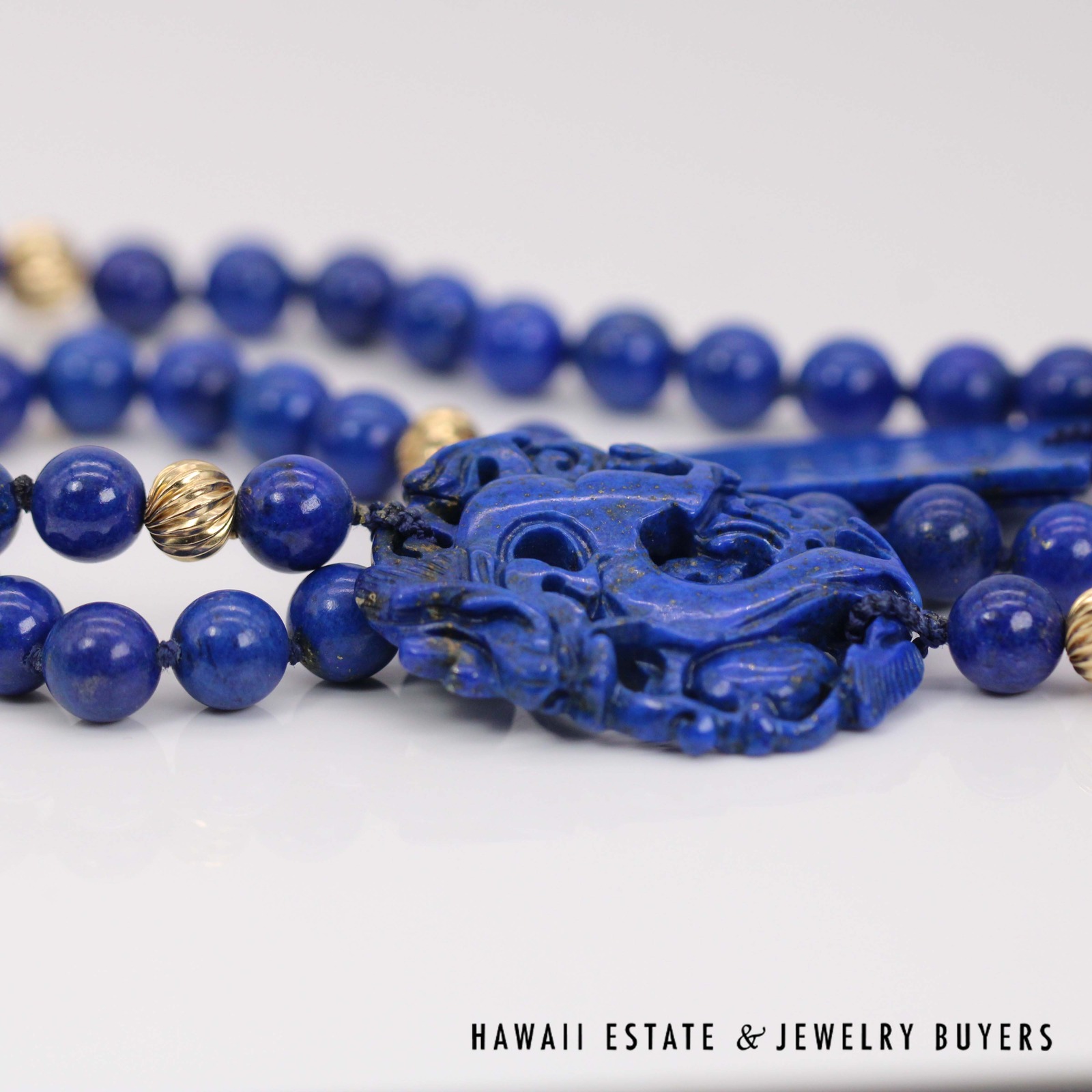 Lapis Lazuli Bead 14k Yellow Gold Necklace with Engraved Tablets 32", 80.7g - Image 10