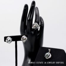 Tahitian Black Pearl & Diamond 18K White Gold Earrings Pendant Ring Sz 7 Complete Set