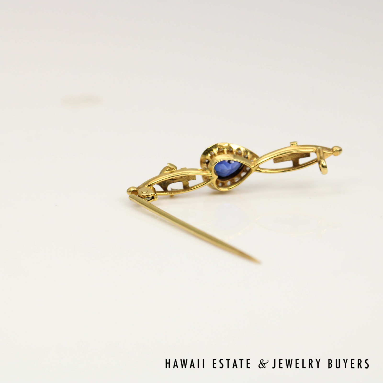GIA 1.50ct Lab Grown Sapphire 0.50ctw Rose Cut Diamond 14k Yellow Gold Brooch - Image 5
