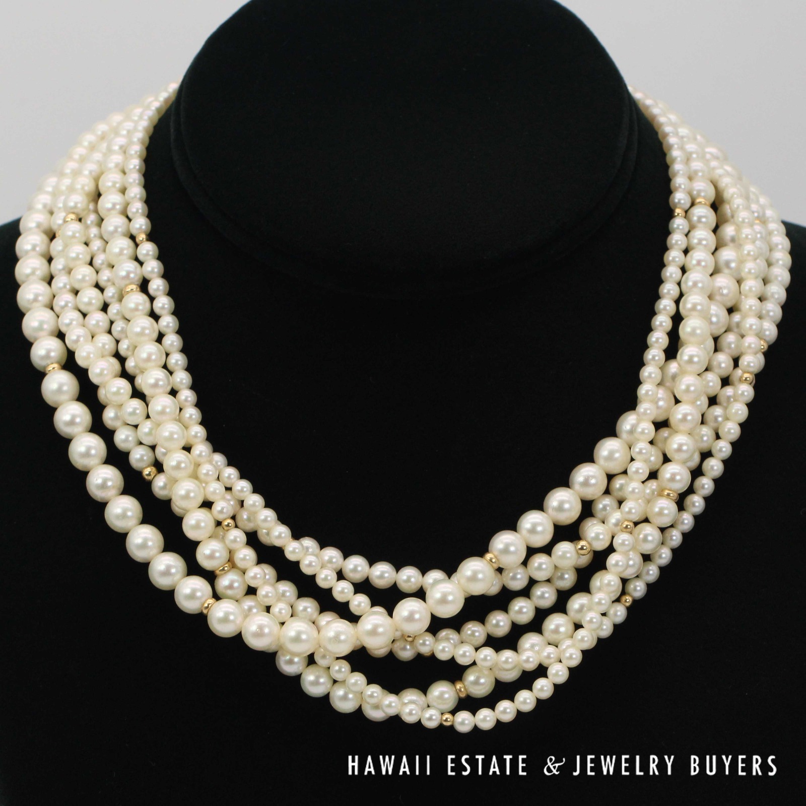 Six Strand Cultured Pearl Torsade Necklace 16 Inch with 14K Yellow Gold Clasp - Image 2