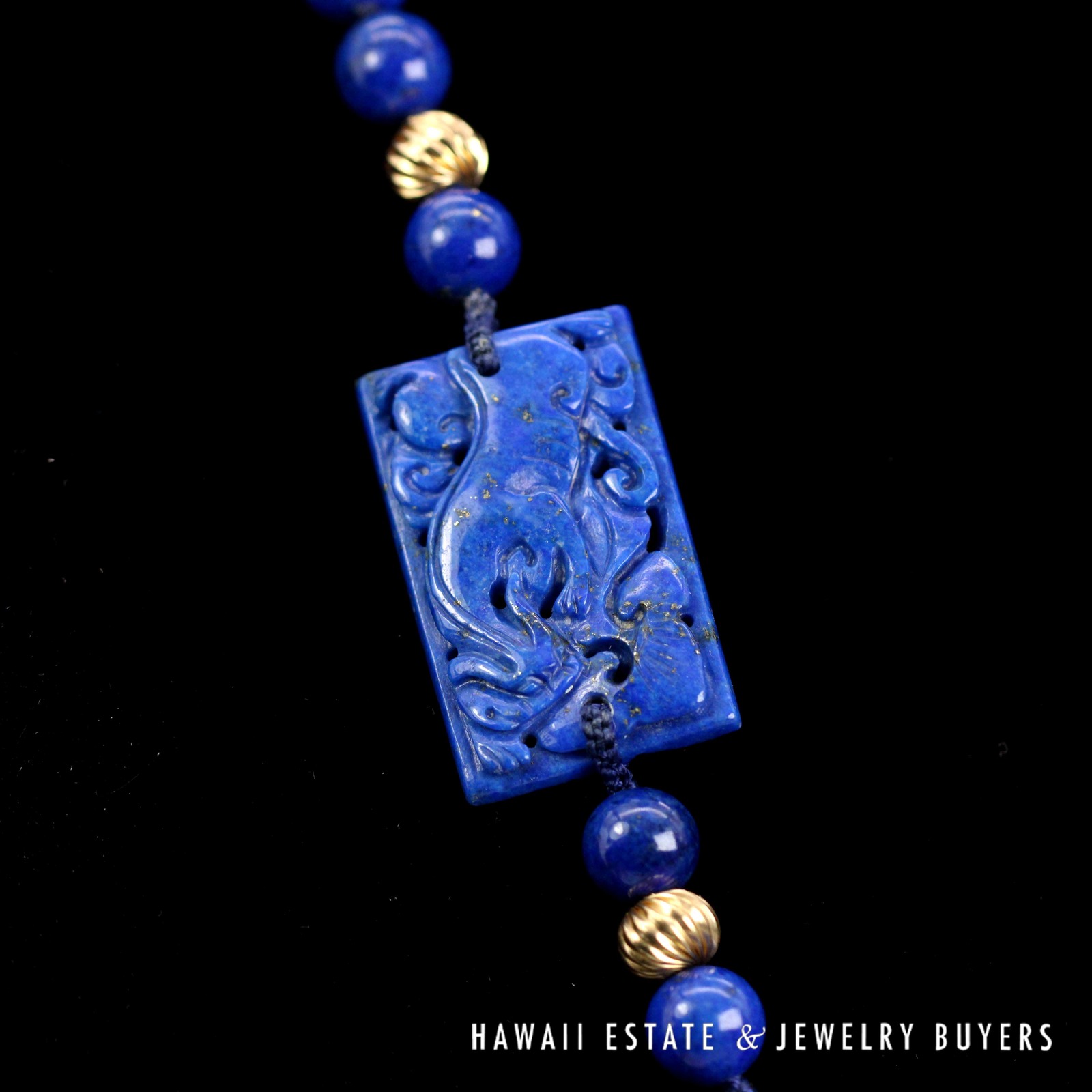 Lapis Lazuli Bead 14k Yellow Gold Necklace with Engraved Tablets 32", 80.7g - Image 4