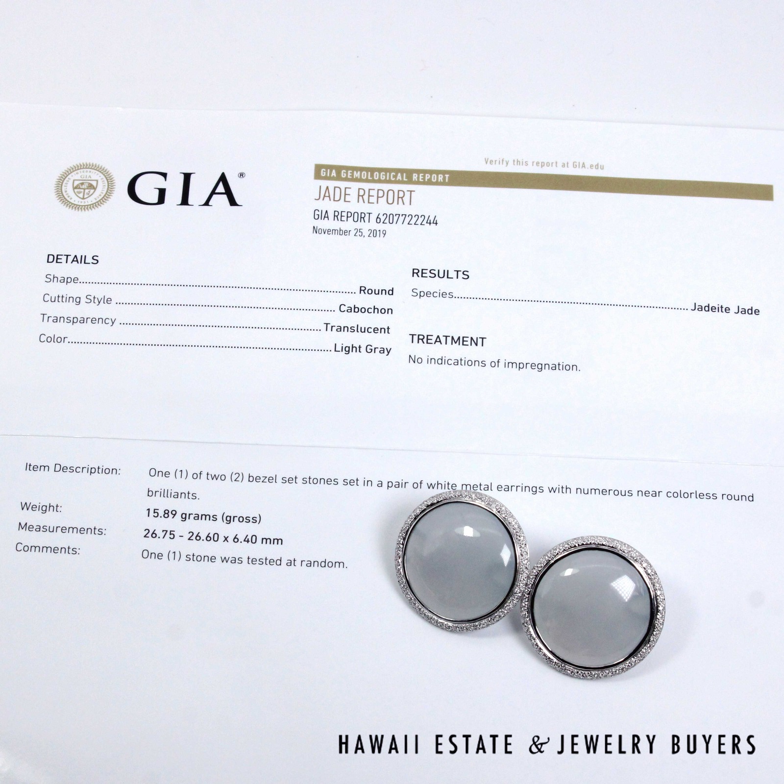 GIA Ice Jade and Diamond 18K White Gold Pierced Earrings with Omega Clips - Image 8
