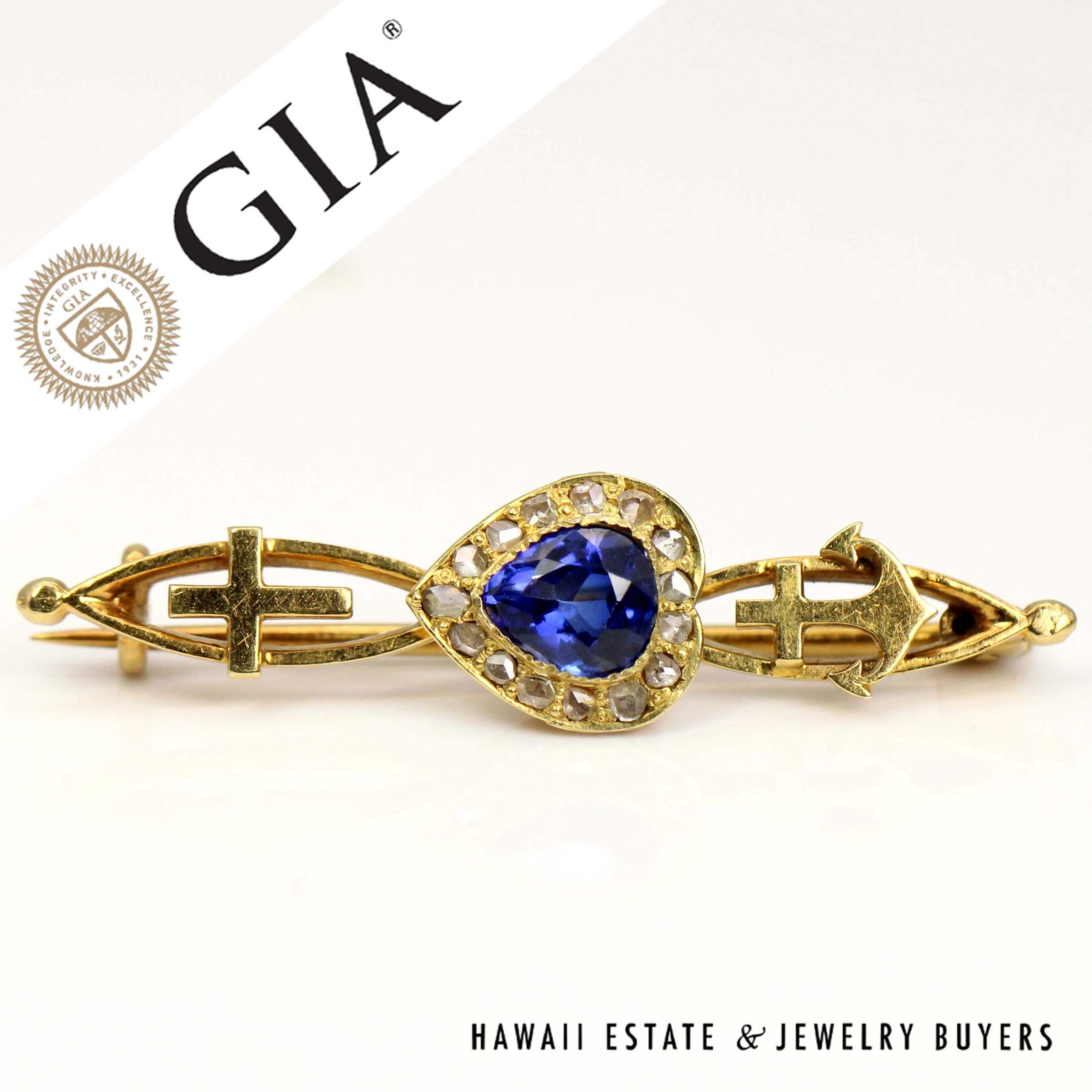 GIA 1.50ct Lab Grown Sapphire 0.50ctw Rose Cut Diamond 14k Yellow Gold Brooch