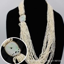 Freshwater Pearl with Moss in Snow Jade Tablet 14k Yellow Gold Necklace, 238g