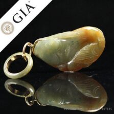 GIA Certified Natural Type A Grade A Jadeite Jade Fish 14K Yellow Gold Pendant